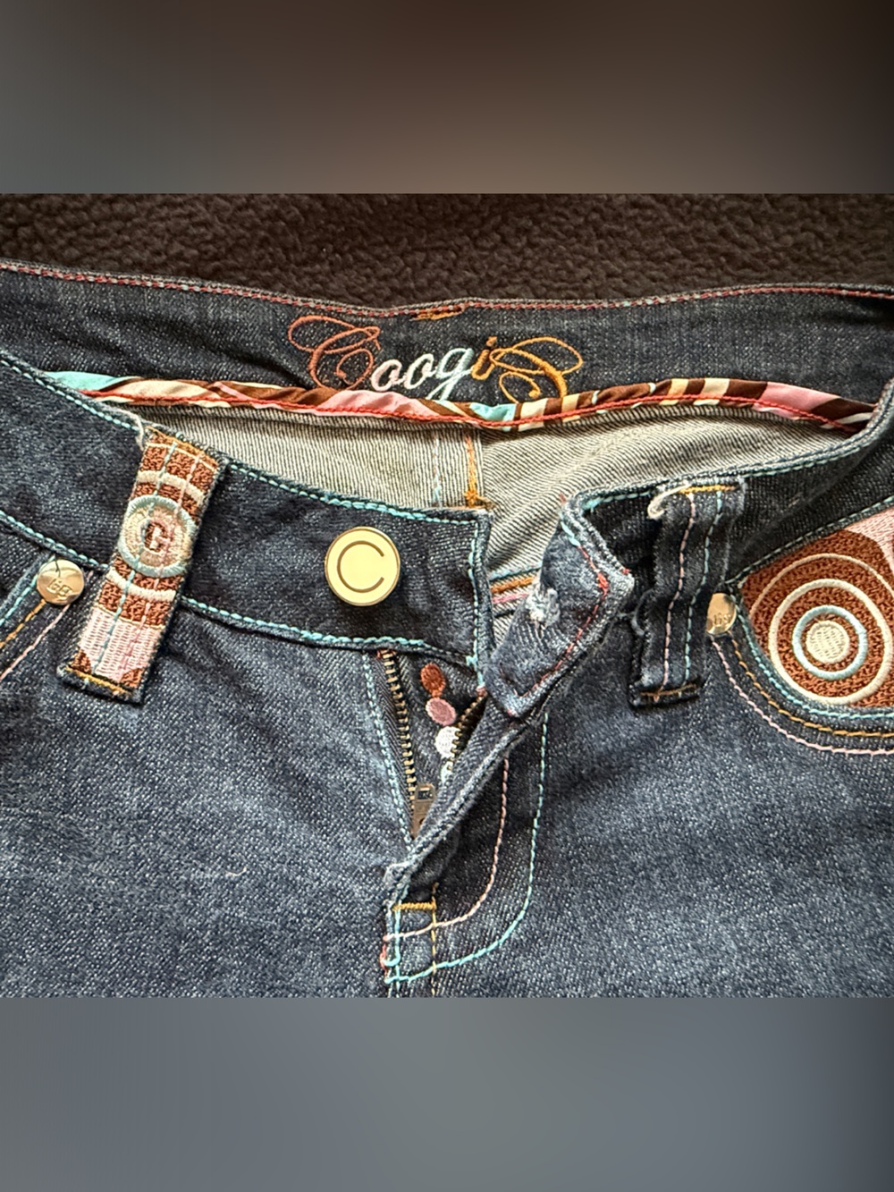 COOGI Dark Blue Denim Bootcut Jeans with Brown Patterned Pocket Trim - Picture 2 of 8